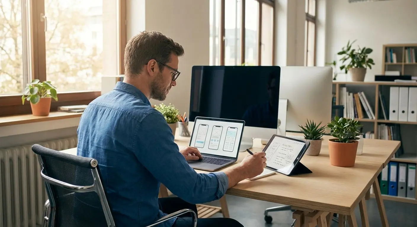 Fictional analyst reviewing mobile app content in an office setting