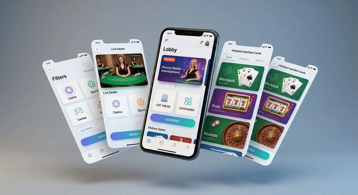 Multiple mobile app screens showing slots lobby, live games area and category filters