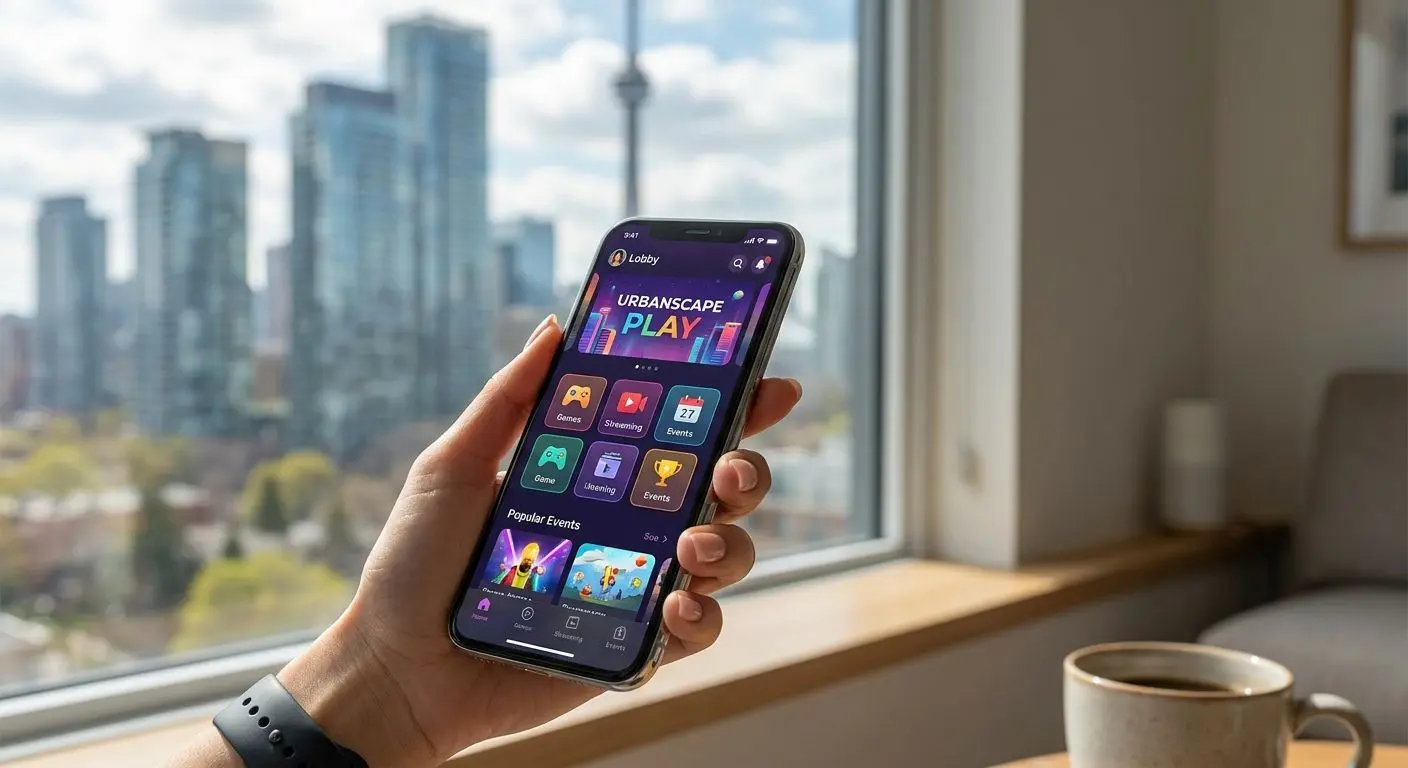 Person using a mobile PlayOJO-style app with a Canadian city view in the background