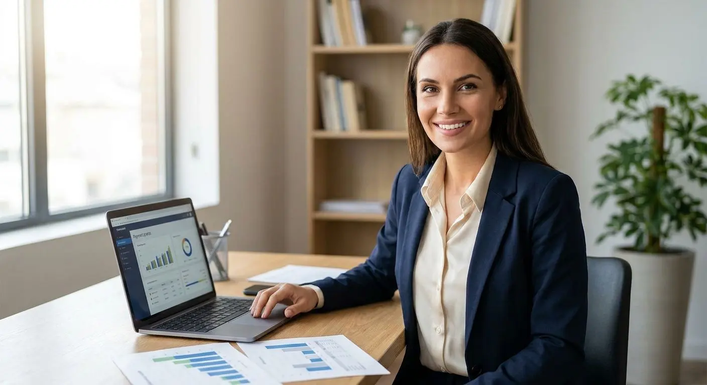 Fictional online payments expert in a professional workspace