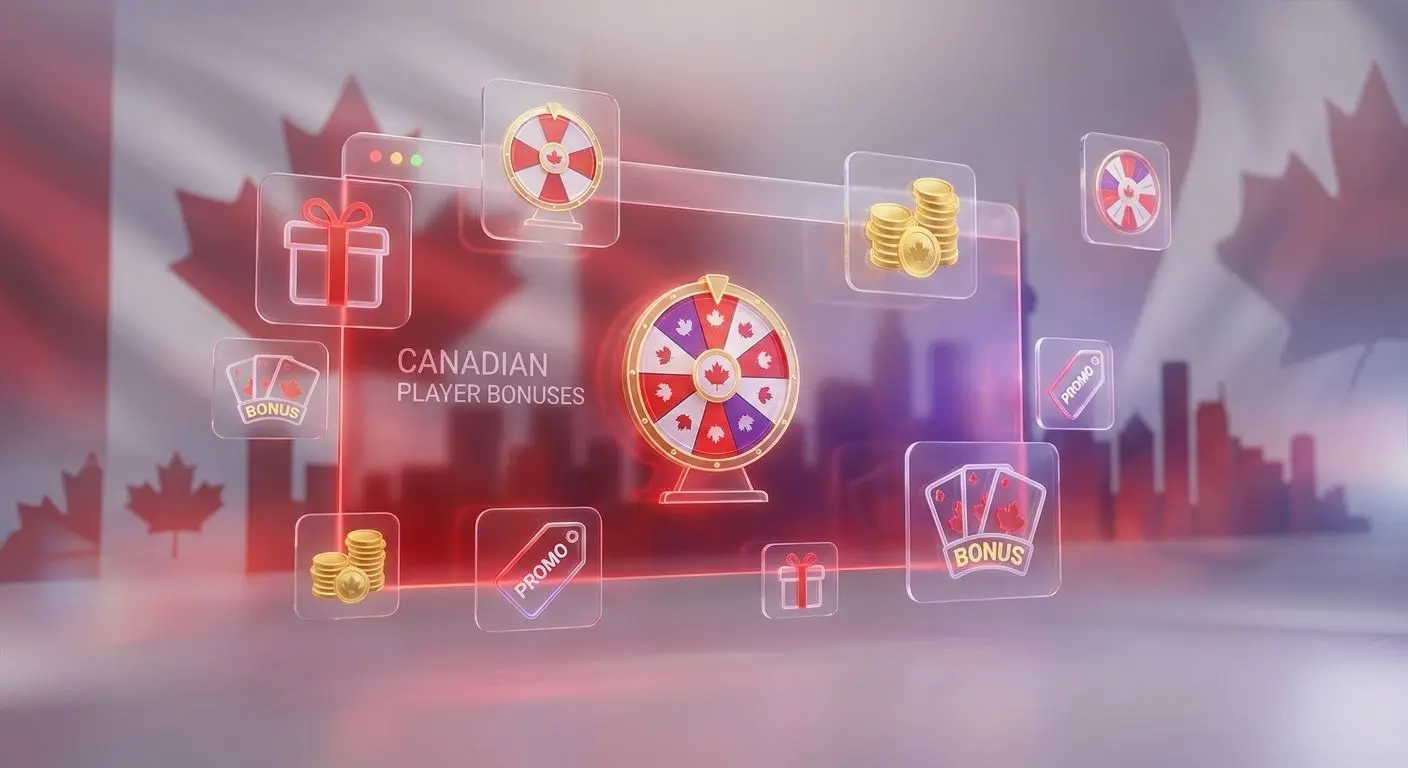 Bonus-themed collage with promo icons and subtle Canadian accents