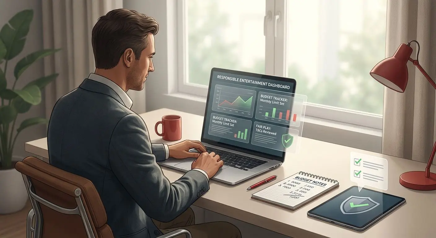 Responsible play visual with user reviewing bonus terms on a laptop