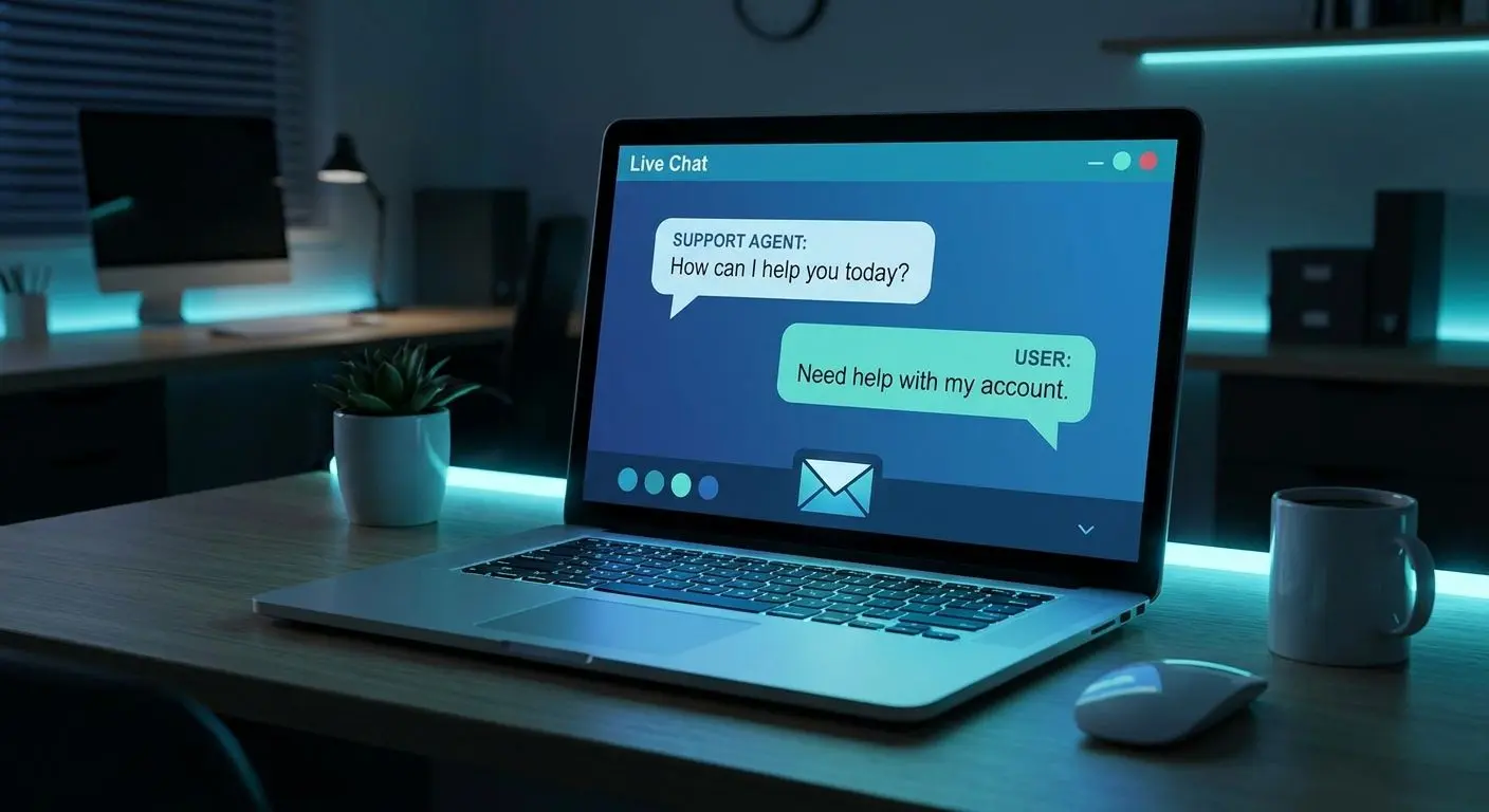 Online support agent with live chat and email interface