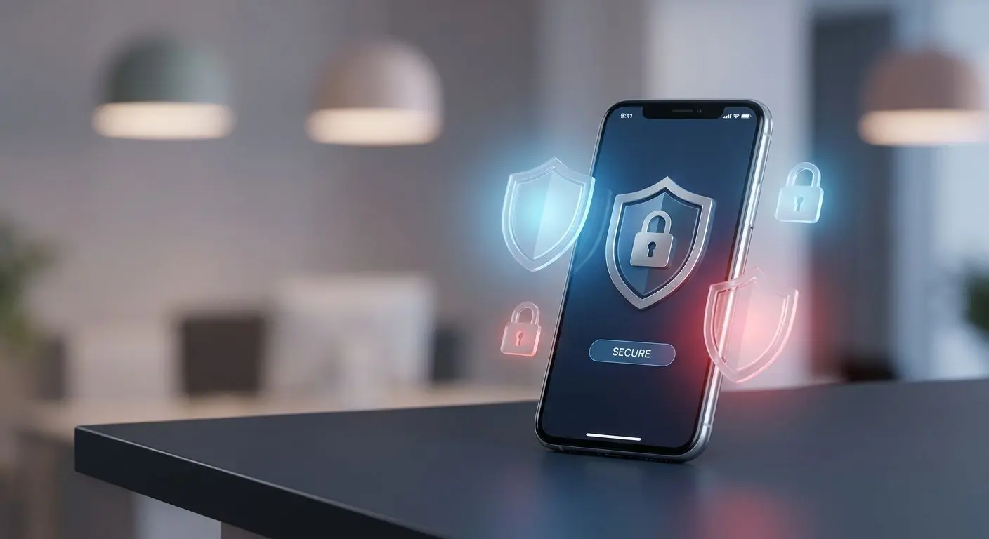 Safe mobile play and account protection Mobile security concept with smartphone and shield icon