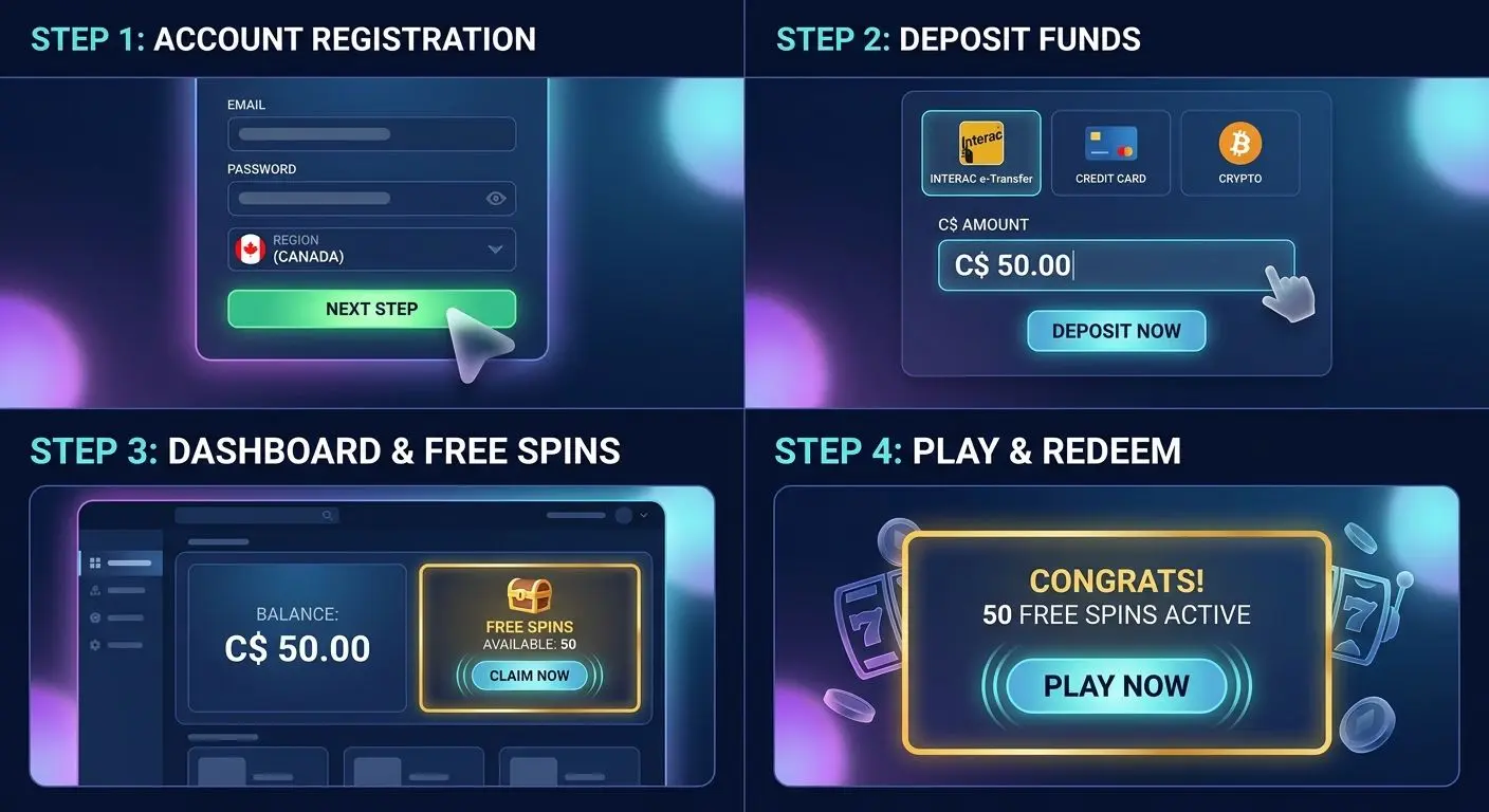 Registration, deposit, and free spins activation flow on a gaming interface