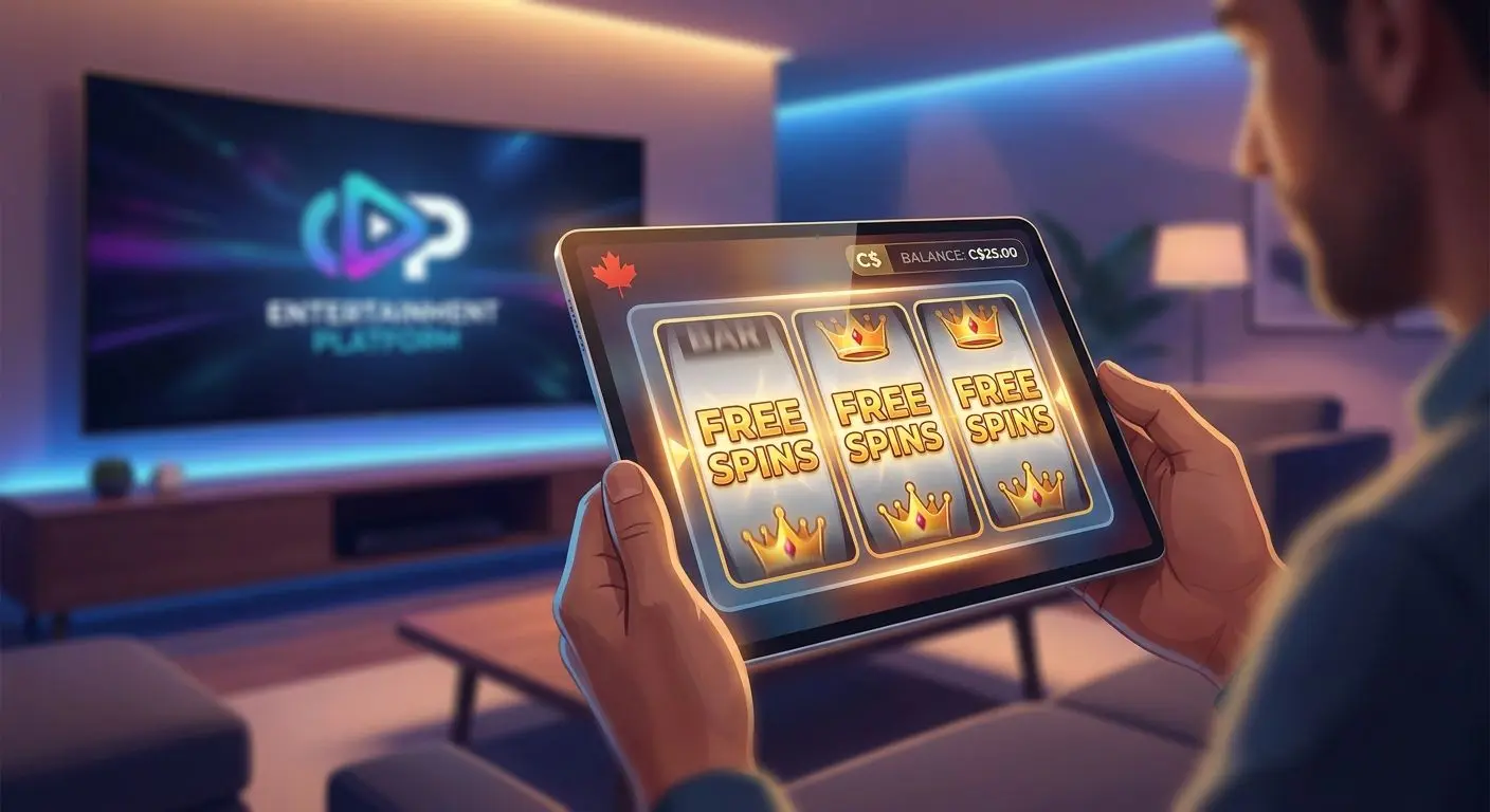 Player viewing free spins slot screen with Canadian C$ details