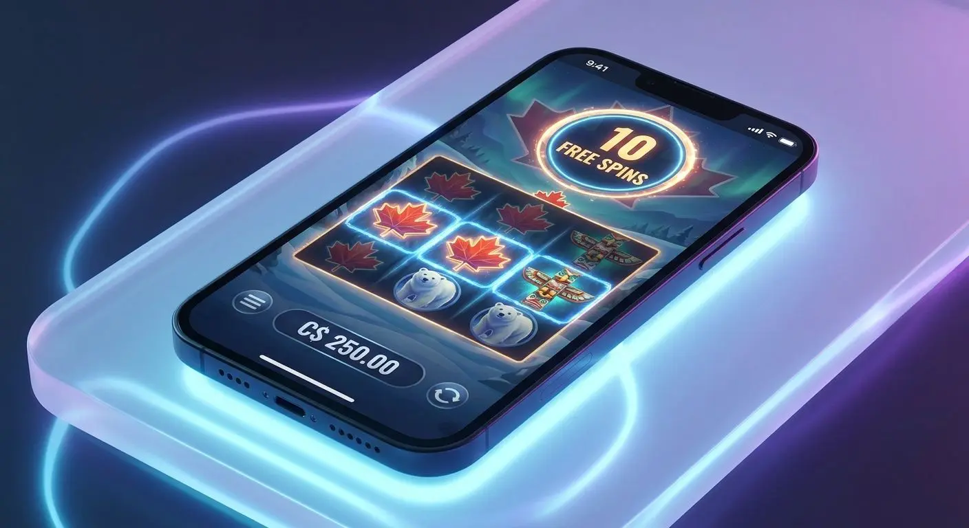 Smartphone displaying free spins slot interface with C$ balance