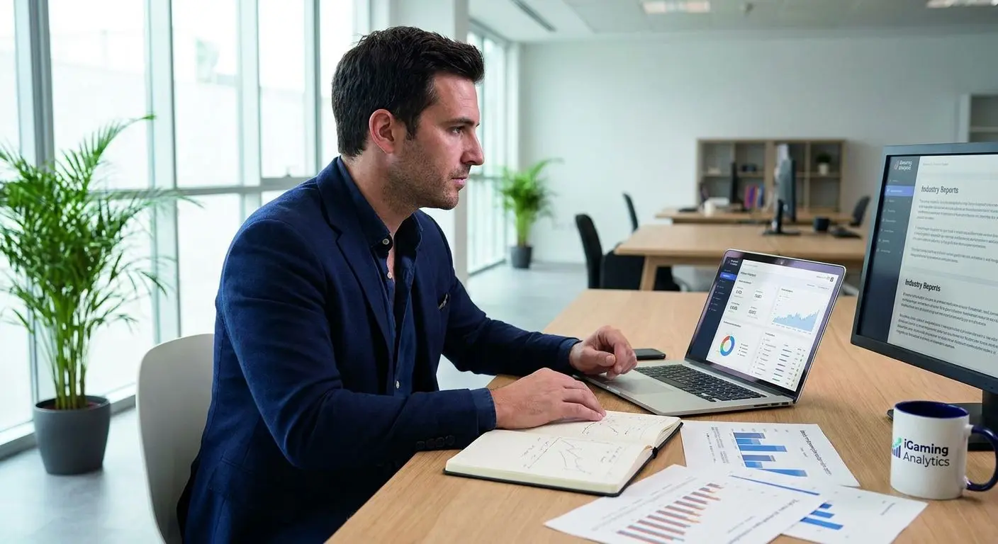 Fictional gaming industry analyst working on a laptop in a professional setting