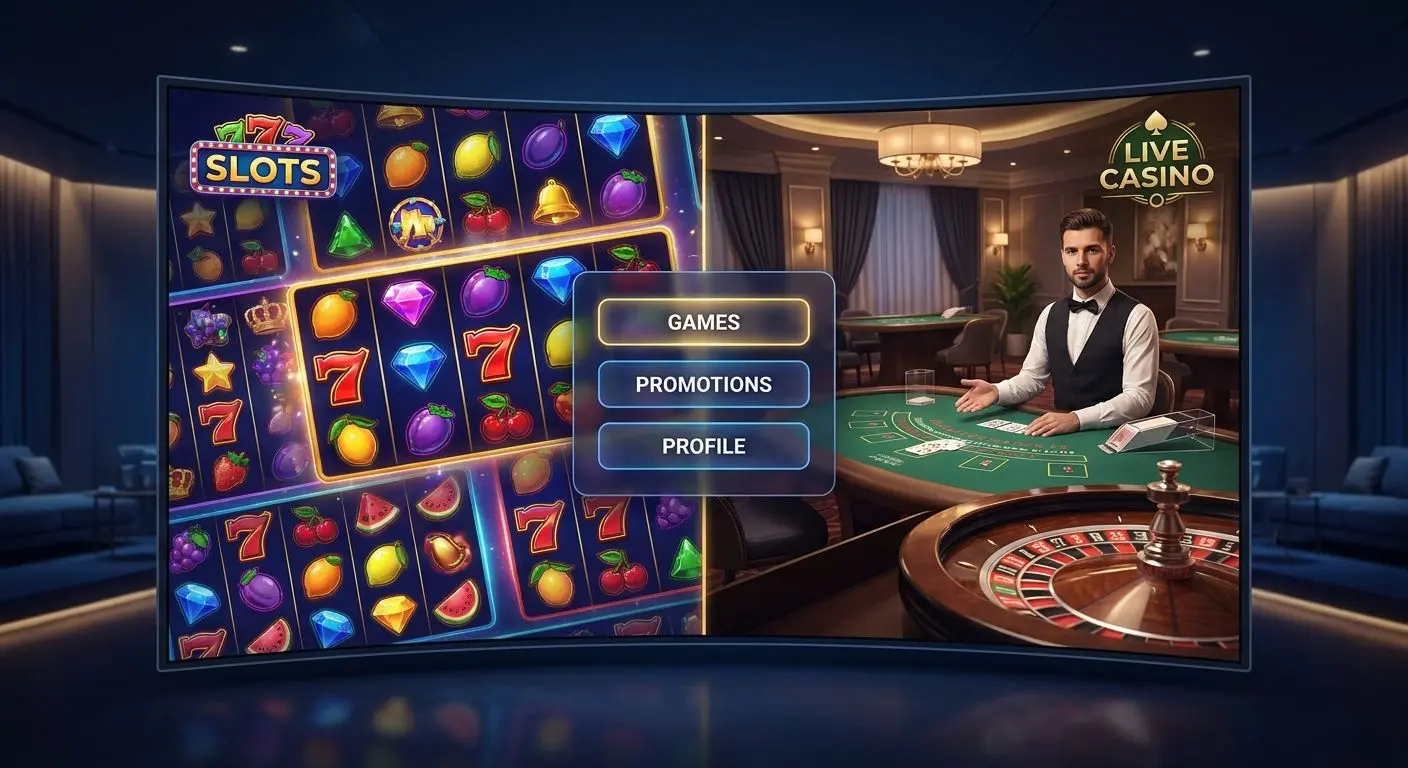 Online game lobby with slots, table games and live studio visuals