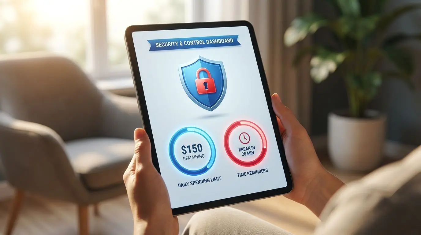 Online safety and responsible play illustration with control tools and secure interface