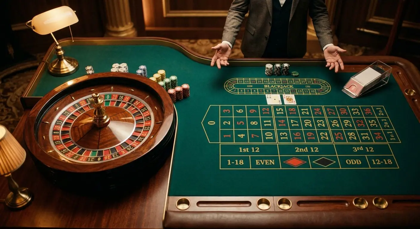 Overhead live roulette and blackjack table scene