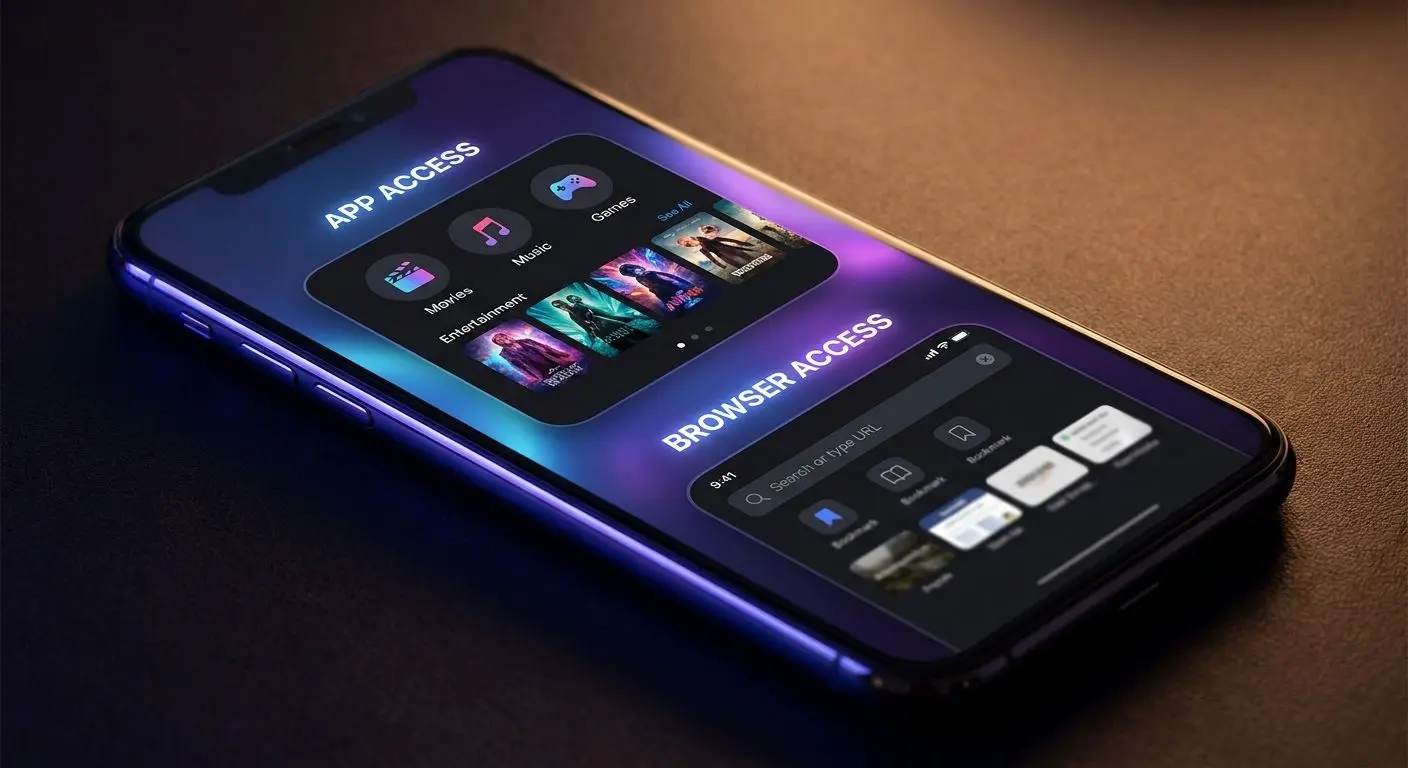 Smartphone showing app and browser mobile access comparison