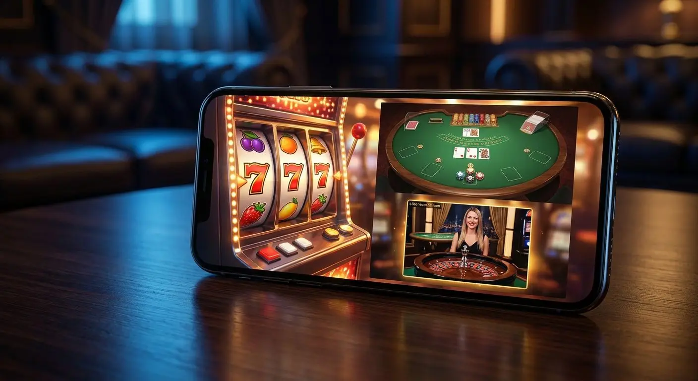Mobile gaming collage with slots, table games and live tables