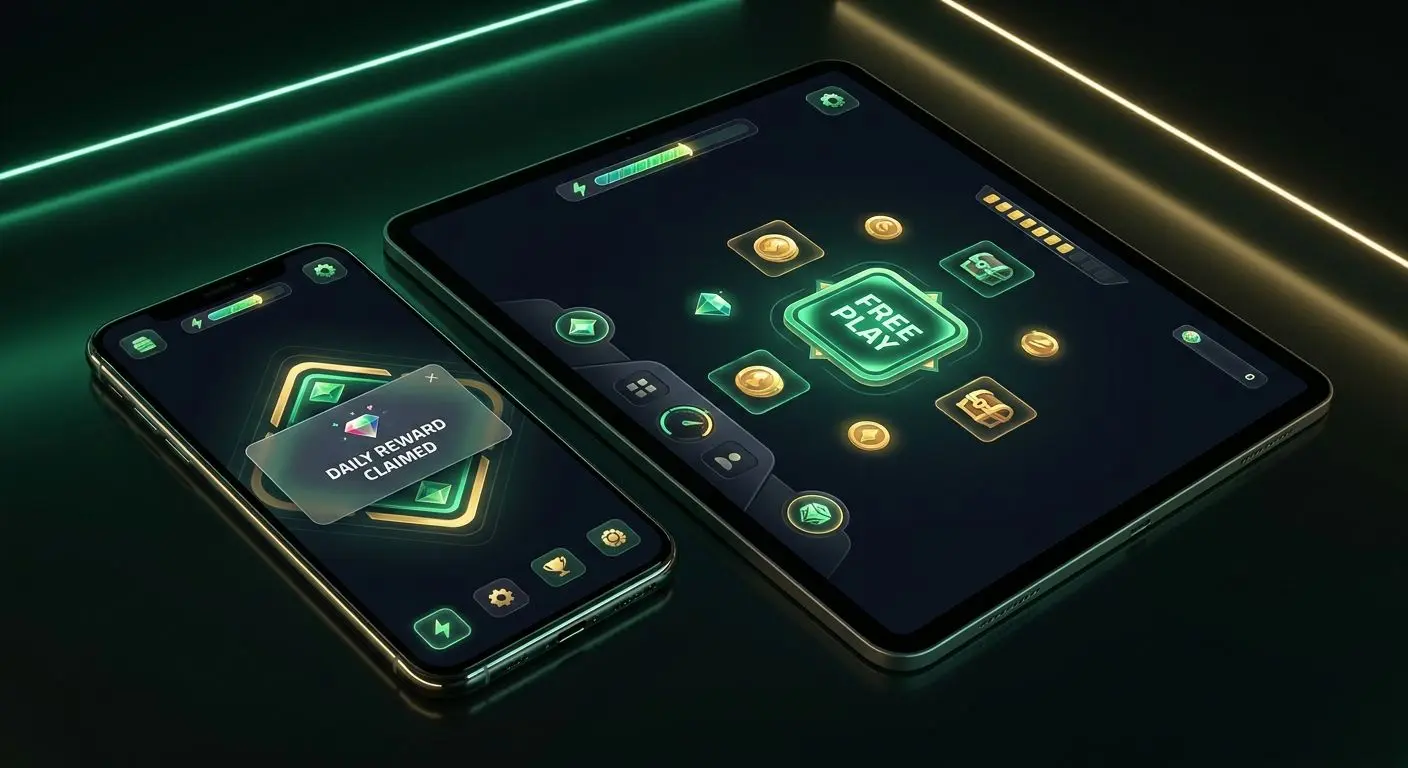 Mobile PlayOJO-style app experience with bonus and free play visuals