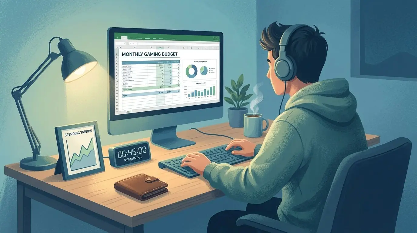 Responsible Gaming and Budget Control Responsible gaming illustration with budget tracking and time management tools