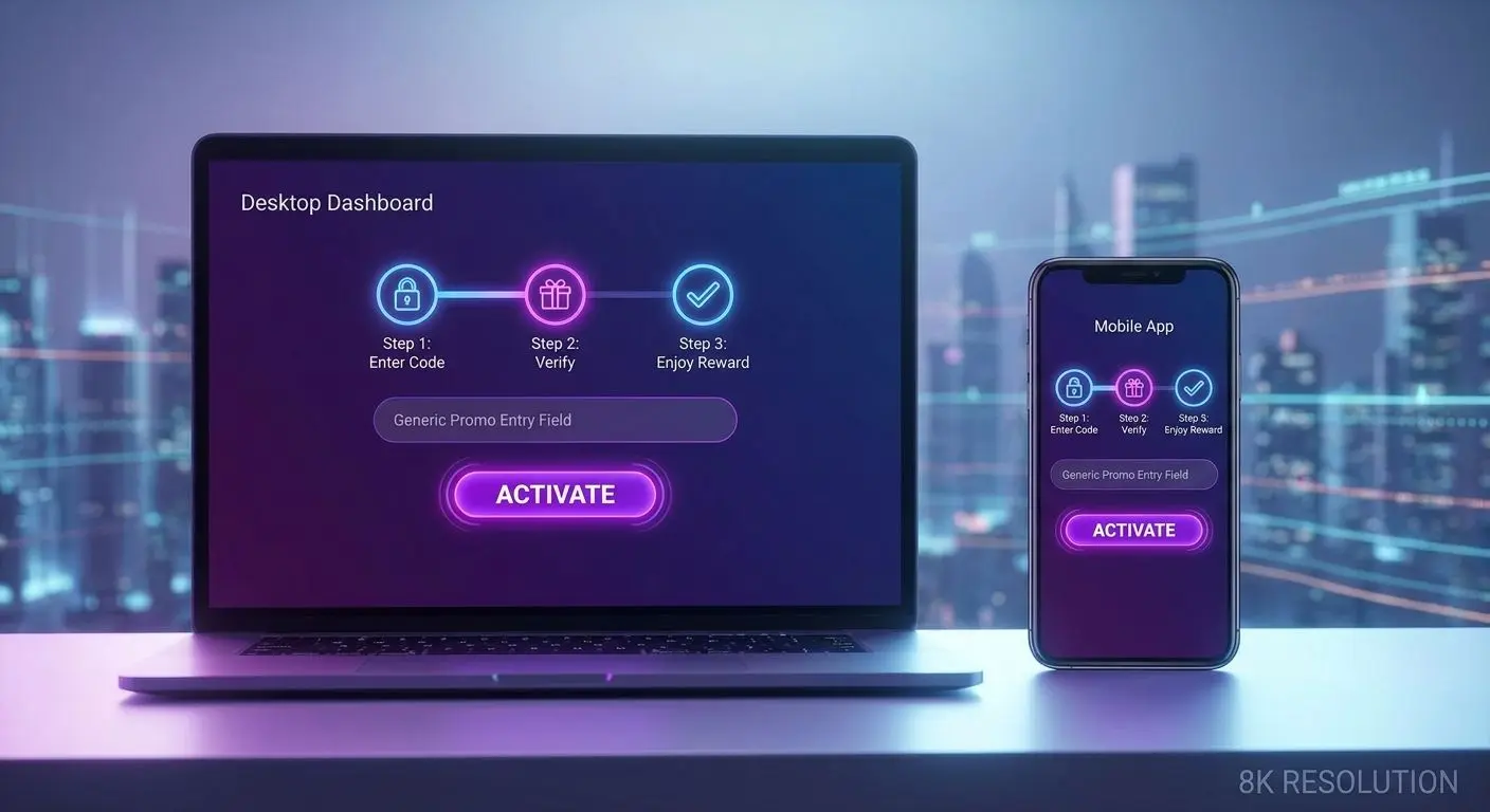 Illustration of entering a promo code and activating a bonus on a mobile screen