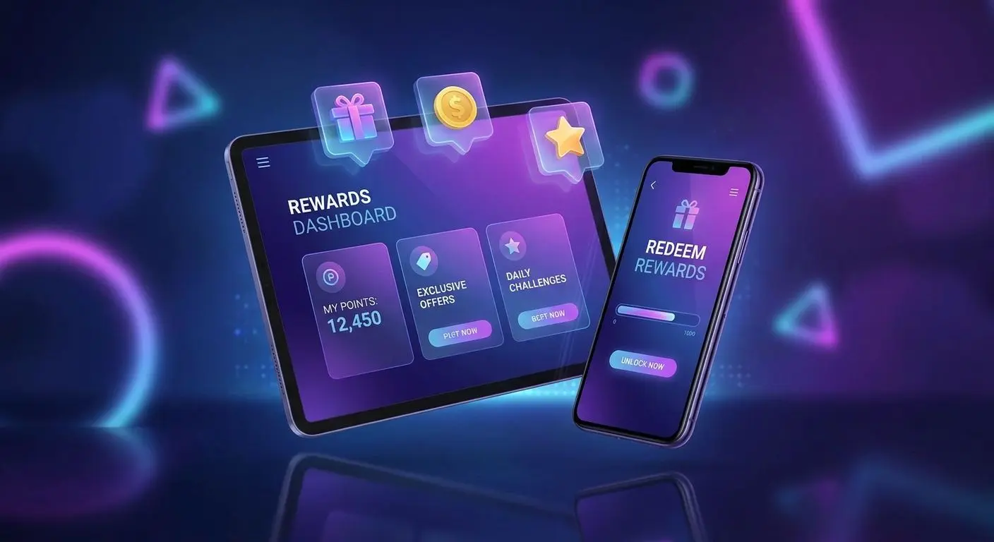 Mobile devices displaying a promo page and reward cards in a purple blue interface