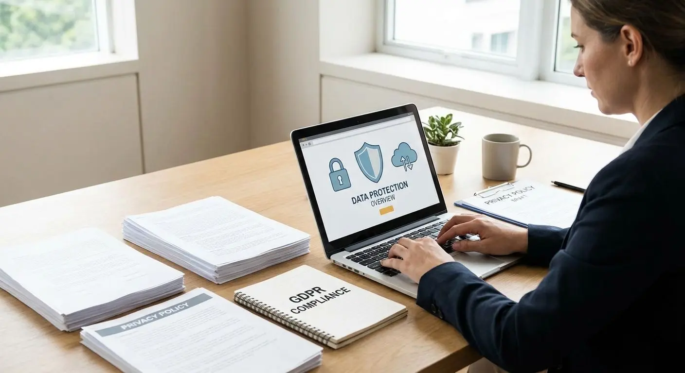 Fictional privacy analyst reviewing documents at a desk