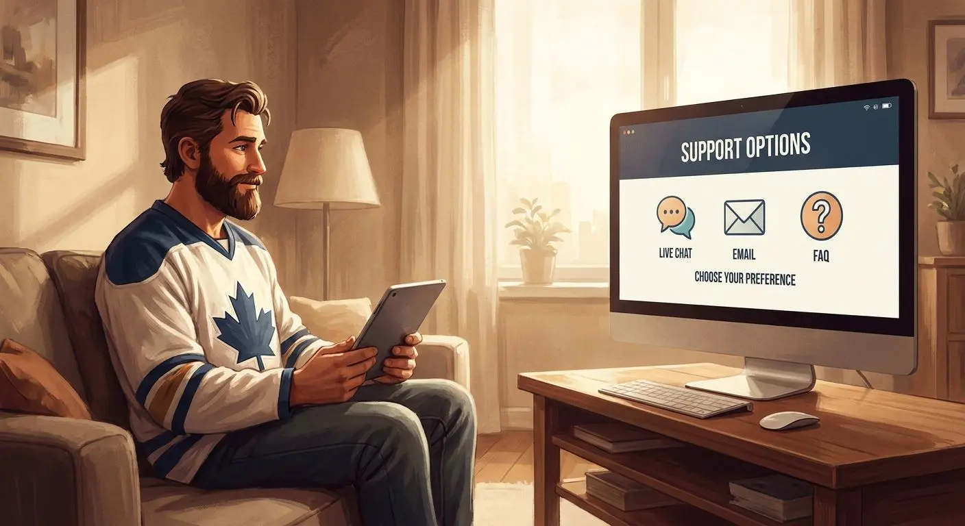 Player choosing between chat, email and FAQ support options