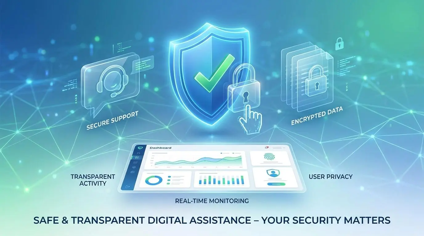 Transparent and safe support infographic with shield and chat icons