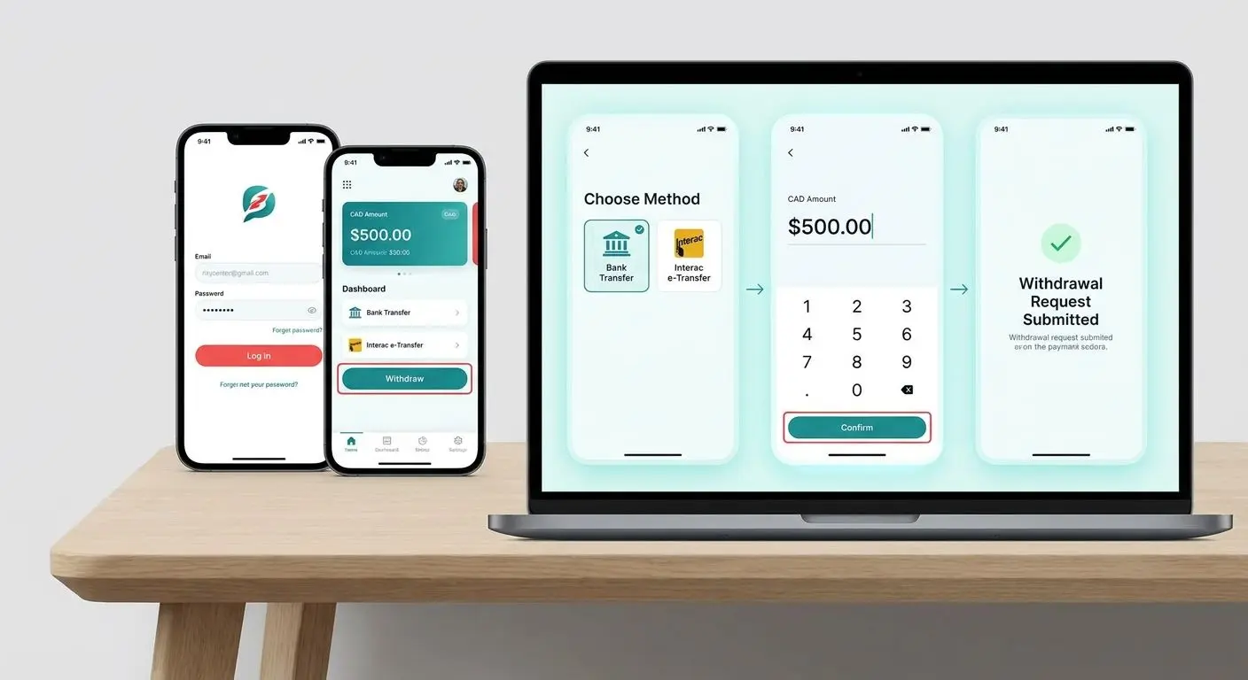 Step by step withdrawal process on desktop and mobile